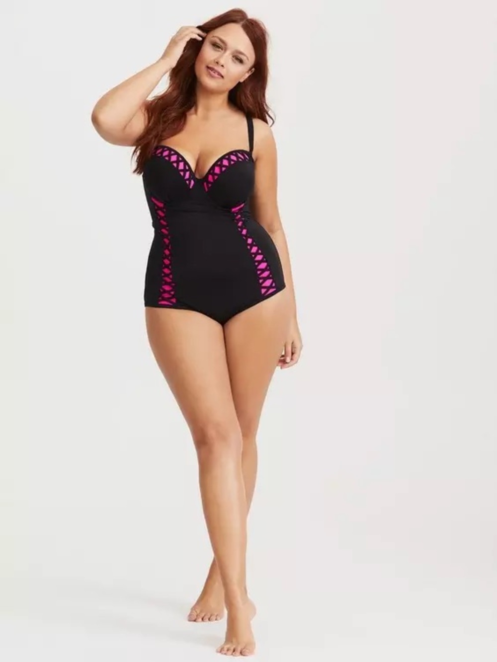 NWT Torrid Black One-Piece Swimsuit with Hot Pink Accents - Picture 2 of 16